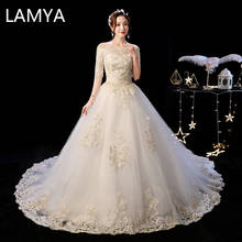 Женское свадебное платье со шлейфом LAMYA, элегантное платье цвета шампанского с вырезом-лодочкой 2024 - купить недорого