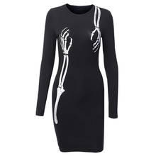 Goowrom Black Slim Fit Skull Hand Printd Dress Long Sleeve O-Neck Gothic Punk Streetwear Women Autumn Bodycon Halloween Clothes 2024 - buy cheap