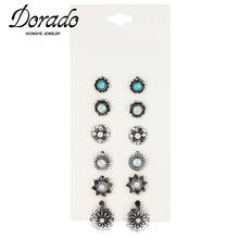 Dorado Bohemia 6pcs/set Retro Hollow Metal Blue Stone Round Irregular Stud Earrings For Women Carve Bijoux Fashion Jewelry Gift 2024 - buy cheap