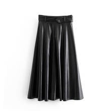 A-Line PU Leather Skirt High Waist Belt Solid Fashion Casual Skirts Mid Calf Office Pleated Black Skirts Mujer Moda 2020 New 2024 - buy cheap