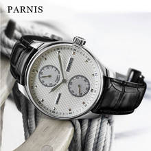 Мужские серебристые часы Parnis с серебристым циферблатом и застежкой из натуральной кожи 2024 - купить недорого