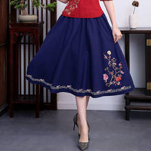 Женская длинная юбка с высокой талией, облегающая юбка из хлопка и льна с цветочной вышивкой в винтажном этническом стиле, весна-лето 2021 2024 - купить недорого
