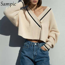 Sampic-suéter de punto para mujer, cárdigans de estilo coreano Preppy, Tops de otoño, Beige, básico, recortado, Outwear 2024 - compra barato