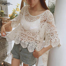 2021 New Lady's Short Sleeve Blouse Summer Hollow Out White Lace Shirt Women Hook Floral Top Female Sunscreen Shirt Blusas 14127 2024 - buy cheap