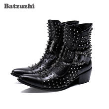 Batzuzhi botas masculinas tipo punk rock, botas de couro com rebites e espinho militar para motocicleta, tamanhos grandes 2024 - compre barato