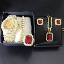 Luxury Men Gold Watch Men Watch &Necklace & Braclete & Earrings & Ring Combo Set Ice Out Cuban Jewerly Hip Hop For Men 2024 - buy cheap
