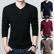Casual Men Autumn Long Sleeve V Neck Solid Color Buttons Pullover Blouse Top 2024 - buy cheap