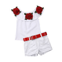 New Kids Clothes Girls Rose Flower Off Shoulder Tops+Denim Shorts Baby Girl Summer Outfits Toddler  2PCS Clothes 2024 - buy cheap