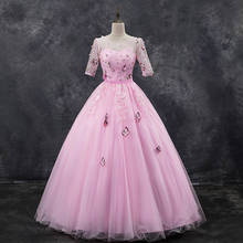 Doce rosa vestido formal de quinceanera, elegante, gola redonda, vestido de baile, renda, bordado, apliques, tule, meia manga, vestido de baile 2024 - compre barato