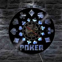 Poker rei rummy jogar cartões vinil registro preto pendurado relógios de parede 3d led luz iluminado design moderno amante poker presente 2024 - compre barato