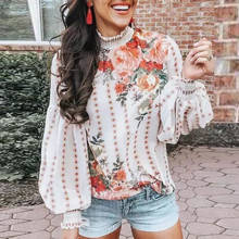 Fashion Lantern Sleeve Top Ladies Flower Print Small High Neck Long Sleeve Blouse 2021 Elegant Office Female Shirt Party Top 2XL 2024 - buy cheap