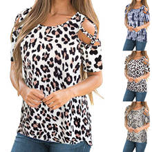 Повседневная Женская блузка с леопардовым принтом, летняя Женская туника с открытыми плечами, топы с коротким рукавом и круглым вырезом, свободные рубашки, блузы для женщин 2024 - купить недорого