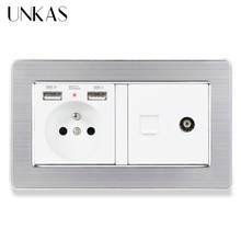 UNKAS Stainless Steel Panel French Standard Socket with 2 USB Charge Port +1 Gang Female TV Connector RJ11 Telephone Connector 2024 - buy cheap