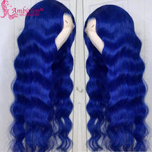 Ambition-Peluca de cabello humano ondulado con malla Frontal, pelo prearrancado sin pegamento, Color azul, nudos blanqueados 2024 - compra barato