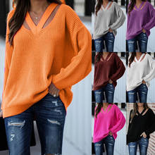 Свитер женский повседневный, модный однотонный пуловер в стиле оверсайз с длинным рукавом и V-образным вырезом 2024 - купить недорого