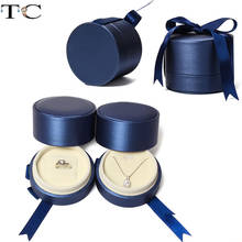 Caja de joyería de cuero de Color azul con cinta colgante, caja de anillo, joyería, contenedor de embalaje de regalo 2024 - compra barato