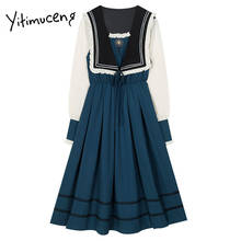 Yitimuceng Dresses Patchwork Spring 2021 Button Zipper Sailor Collar Long Sleeve Dress Women French Clothing Office Lady New 2024 - buy cheap