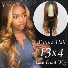 Yysoo longo loira baylayage cor futura frente do laço sintético wigs13x4 japão fibra loira destaque ondulado peruca 4 polegada profunda separação 2024 - compre barato