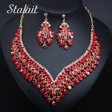 Fashion Red Rhinestone Drop Earrings Necklace Set Jewelry Sets Women Gold Color Choker Bridal Wedding Party Costume Accessories 2024 - buy cheap