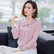 2020 new Women Spring Autumn thin Sweaters shirt chiffon patchwork long sleeve Women elegant ice linen knit blouse 2024 - buy cheap