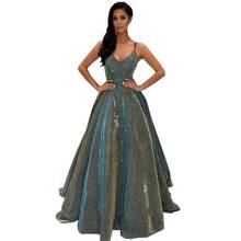 2021 Sparkly Glitter V Neck Prom Dresses Sleeveless Spaghetti Straps Criss Cross Back Formal Evening Party Gowns Robe De Soiree 2024 - buy cheap