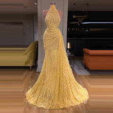 Party Dresses Women Evening Plus Size Yellow Sequins With Tassels Halter Neck Illusion Sexy Saudi Party Prom Girls Long Gowns 2024 - buy cheap
