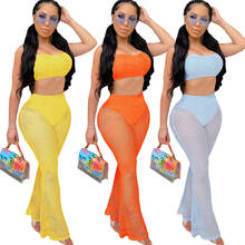 Summer Beach Wear Two Piece Set Top and Pants Women Knit Crochet Hollow Out Sexy Club Outfits Night Party Holiday Matching Sets 2024 - buy cheap