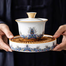 Juego de té kungfu de porcelana blanca con tres tazones, juego de té con tapa de pintura de cerámica, tazón grande 2024 - compra barato