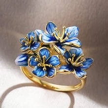 USTAR-Anillo de flores azules para mujer, color dorado, accesorios de joyería, regalos de fiesta 2024 - compra barato