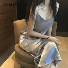 JuneLove-Vestido largo de satén con tirantes finos para mujer, prenda vintage de cintura alta, con escote en V, Primavera, 2020 2024 - compra barato