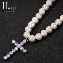 Uwin Pearl Long Necklace Choker With Cubic Zirconia Cross Heads 8mm 10mm Shell Beads Pendant Hiphop Trendy Rock Jewelry 2024 - buy cheap