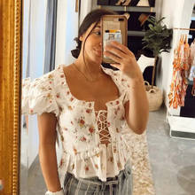 Foridol Puff Sleeve White Lace Floral Print Blouse Shirts Women Summer Boho Lace Up Crop Tops Vintage Pelpum Strappy Blusas 2021 2024 - buy cheap