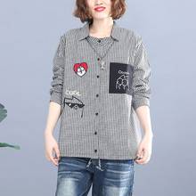 Camisas informales de algodón para mujer, Tops holgados de manga larga con bordado de dibujos animados, Estilo Vintage a cuadros, primavera 2021, S3159 2024 - compra barato