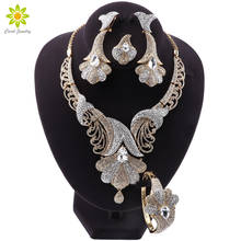 Moda cristal strass forma de flor colar pingente brincos pulseira anel africano grânulos feminino dubai conjuntos de jóias 2024 - compre barato