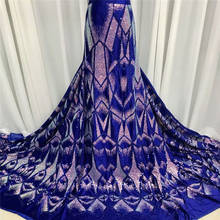 Latest African lace fabric High Quality Velvet Lace Fabric With Sequins royal Blue Nigerian Lace Fabrics For Wedding dress 5yard 2024 - buy cheap