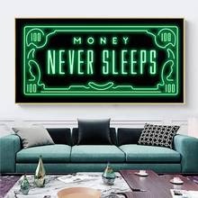 Inspirational Wall Art Never Sleeps Green Flash Money Canvas Paintings on The Wall Street Art Pictures for Home Decor 2024 - buy cheap