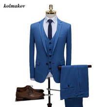 Blazer masculino de três peças, novo estilo, elegante, traje de casamento, negócios, casual, listrado, slim, 2020 2024 - compre barato