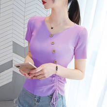 V-neck Drawstring Short Sleeve Women's T-shirts New Summer Ice Silk Tie Up Button Slim Knit Bottoming Female Solid Pullover Tops 2024 - buy cheap