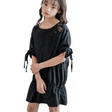 4 to 16 Yrs Baby Teen Girls Dress 2020 Fashion Kids Summer Dress Elegant Pleated vestido Children Bow Cotton Blue black dress 2024 - buy cheap