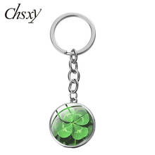 CHSXY-Llavero de trébol de cuatro hojas para mujer, foto artística, cabujón de cristal, cadena larga, joyería de la suerte, regalo 2024 - compra barato