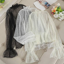 Elegant Women Flare Sleeve Embroidery Lace Polka Dot Mesh Gauze Ruffles Basic Shirt Vintage Elastic Slim Pullover Blouse Tops 2024 - buy cheap