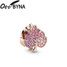 Octbyna-Colgante de árbol de cristal de oro rosa para mujer, hoja de arce, Cuenta de agujero grande para pulsera Pandora, collar, joyería 2024 - compra barato