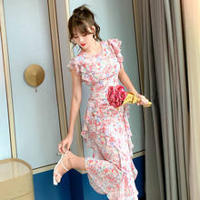 Floral 2020 summer new European style chiffon fishtail ruffled dress Office Lady  Polyester  Sleeveless 2024 - buy cheap