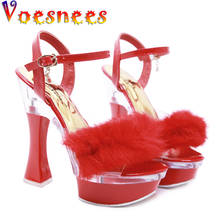 Voesnees Fur Woman Sandals Square Heel Open Toe High Heels 14 cm Platform Sandals Gladiator Party Dress Women  Red Shoes 2024 - buy cheap