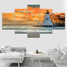 Canvas Wall Art Home Decorative 5 Panel Sunset Lighthouse And Seagull Printed Poster Painting Modern Modular Type Living Room 2024 - buy cheap