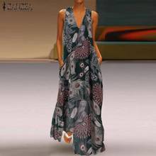 2020 Summer Casual Sleeveless Dress ZANZEA Women Floral Peacock Feather Maxi Vestido Vintage V Neck Bohemiam Print Sundress Robe 2024 - buy cheap