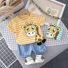 Summer Children Cotton Clothes Baby Boys Printed Cartoon O-Neck Strips Giraffe T Shirt Shorts 2Pcs/Sets Kids Fashion Toddler 2024 - buy cheap