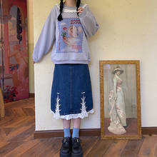 Юбка женская джинсовая средней длины, Повседневная однотонная Свободная юбка-трапеция с кружевом и бантом, в стиле Харадзюку, с завышенной талией, в стиле пэчворк, для девочек-подростков, лето 2021 2024 - купить недорого