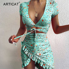Женское облегающее платье Articat, мини-платье с цветочным принтом, v-образным вырезом, асимметричным подолом, с коротким рукавом, на лето 2024 - купить недорого