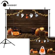 Allenjoy-Fondo de fotografía con temática de Halloween, linterna de calabaza de madera, sombrero de bruja fantasma, telaraña, vela, Fondo para estudio fotográfico 2024 - compra barato